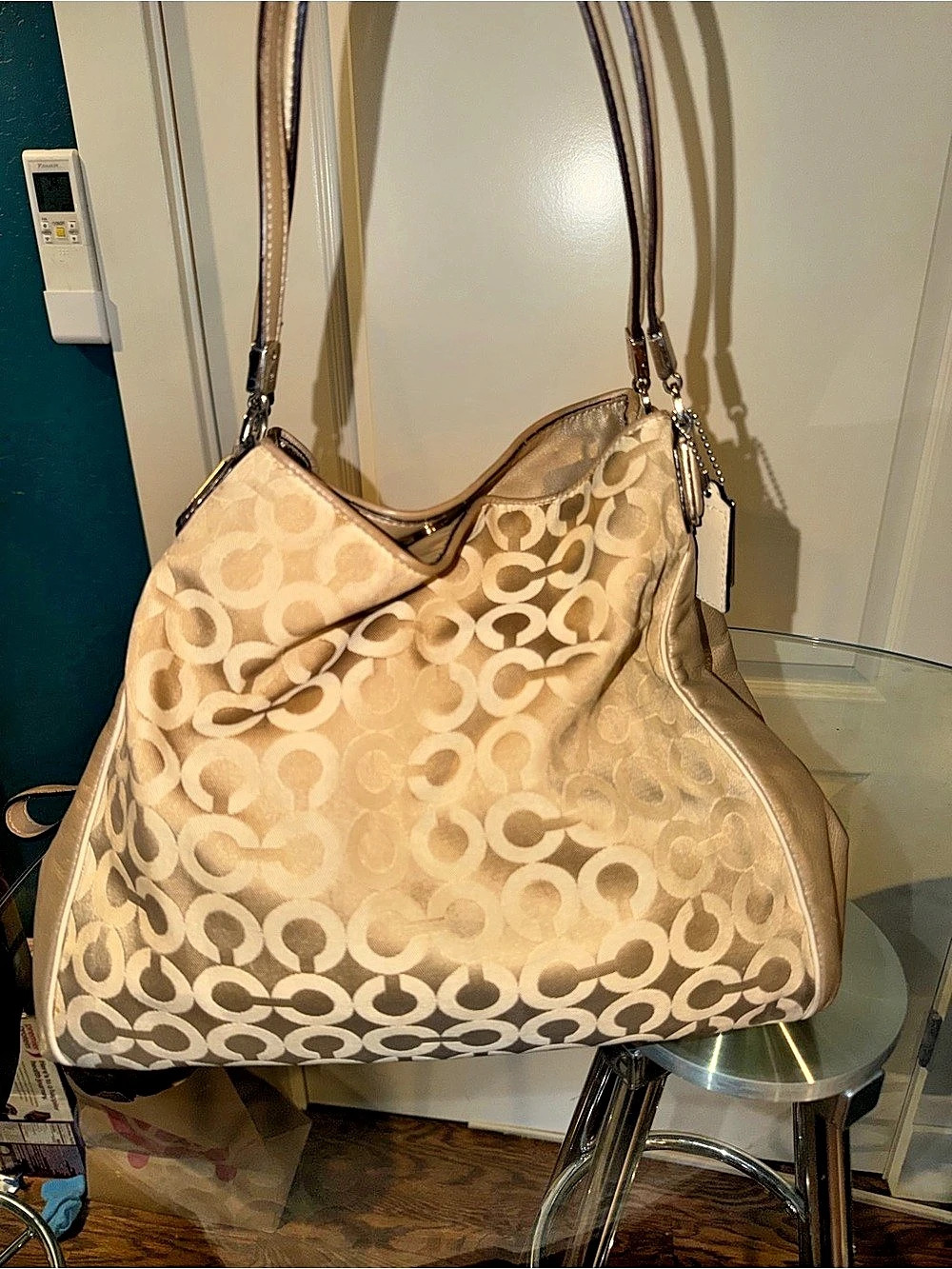 Coach Poppy Signature Metallic Glam Tote Shoulder Bag Beige & Brown